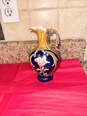 Antique Floral Ceramic Pitcher - Blue and Goldz 7”